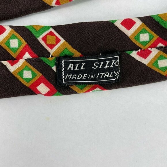 Gallieni Necktie Men's Brown Red Green Yellow Geometric Silk Short Narrow Skinny - Picture 5 of 6